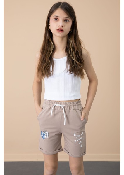 Kahve Patili Cute Baskılı Kız Çocuk Beli Lastikli Şort 20729 modelleri