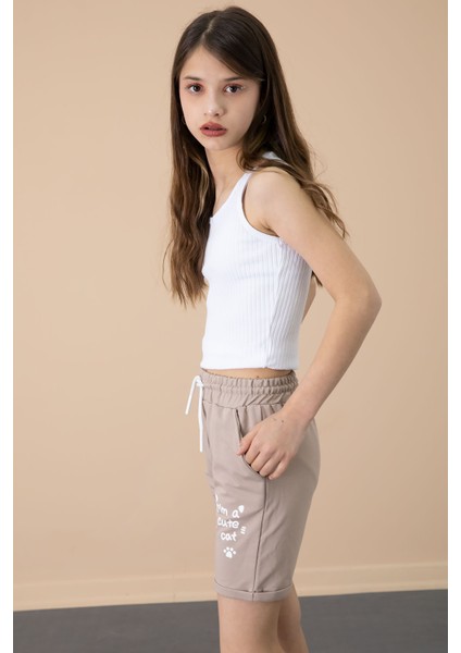 Kahve Patili Cute Baskılı Kız Çocuk Beli Lastikli Şort 20729 fırsatları