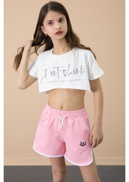 Pembe Yanları Yırtmaçlı Çiçek Baskılı Beli Lastikli Kız Çocuk Şort 20736 modelleri