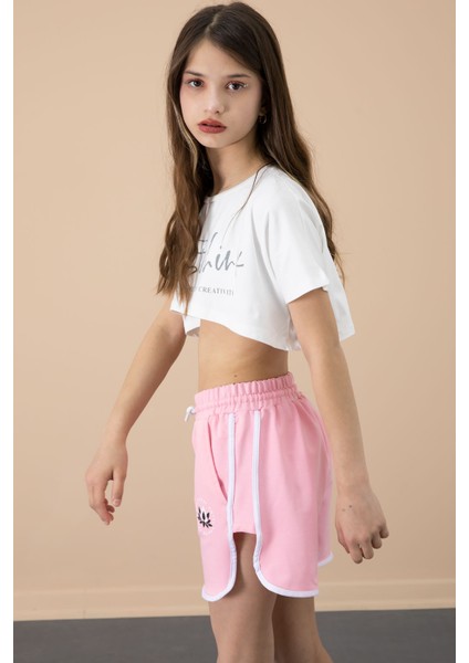 Pembe Yanları Yırtmaçlı Çiçek Baskılı Beli Lastikli Kız Çocuk Şort 20736 fırsatları