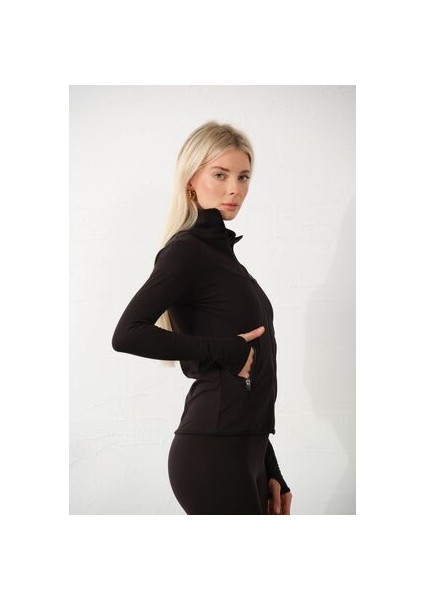 Siyah Water Proof Fermuar Çift Cepli Light Warm Running Ceketi Eşofman Üstü