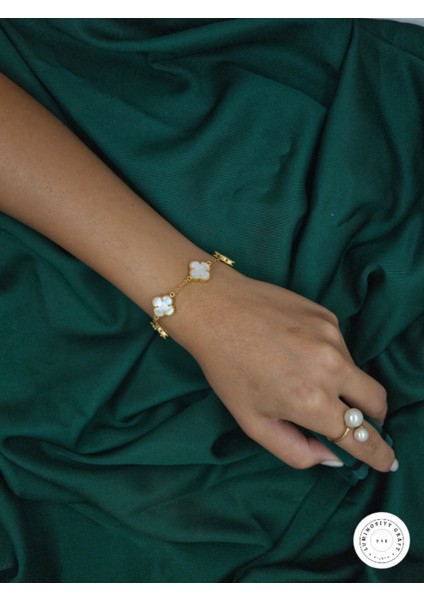 925 Ayar Gümüş Erkek ve Kadın Yonca Model Altın Kaplama Beyaz Doğal Taşlı Bileklik - Van fiyatları