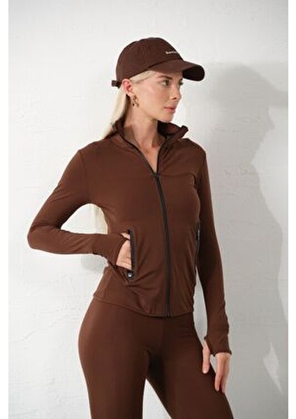 Kahverengi Water Proof Fermuar Çift Cepli Light Warm Running Ceketi Eşofman Üstü
