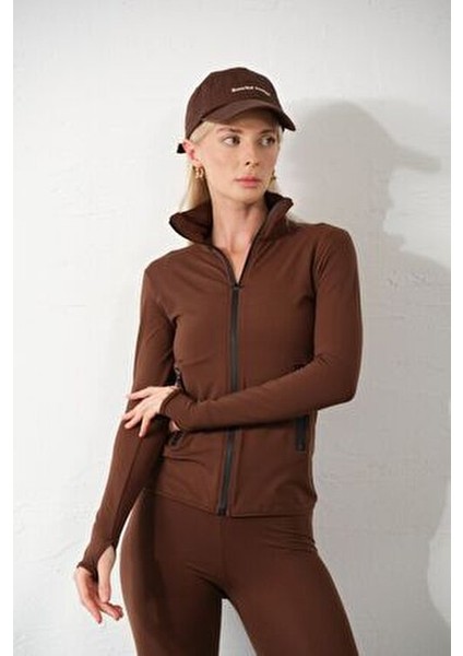 Kahverengi Water Proof Fermuar Çift Cepli Light Warm Running Ceketi Eşofman Üstü