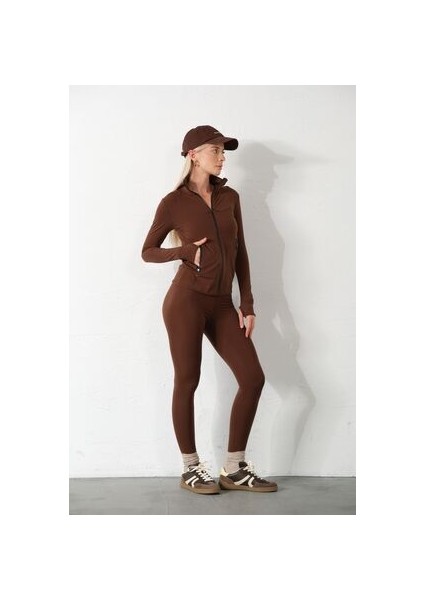 Kahverengi Water Proof Fermuar Çift Cepli Light Warm Running Ceketi Eşofman Üstü