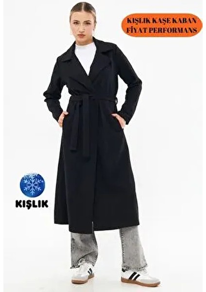 Kadın Siyah Kuşaklı Kışlık Kaşe Kaban Astarsız