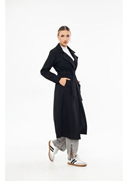 Kadın Siyah Kuşaklı Kışlık Kaşe Kaban Astarsız fiyatları