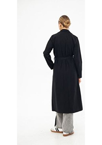 Kadın Siyah Kuşaklı Kışlık Kaşe Kaban Astarsız modelleri