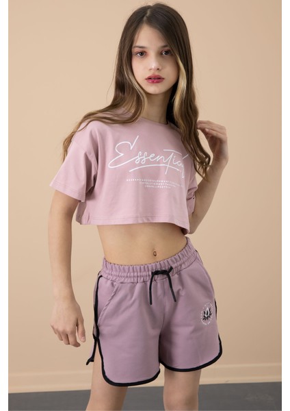 Gül Kurusu Yanları Yırtmaçlı Çiçek Baskılı Beli Lastikli Kız Çocuk Şort 20743