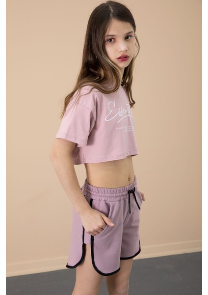 Gül Kurusu Yanları Yırtmaçlı Çiçek Baskılı Beli Lastikli Kız Çocuk Şort 20743 fiyatları