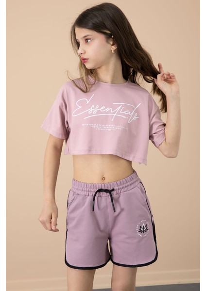 Gül Kurusu Yanları Yırtmaçlı Çiçek Baskılı Beli Lastikli Kız Çocuk Şort 20743 modelleri