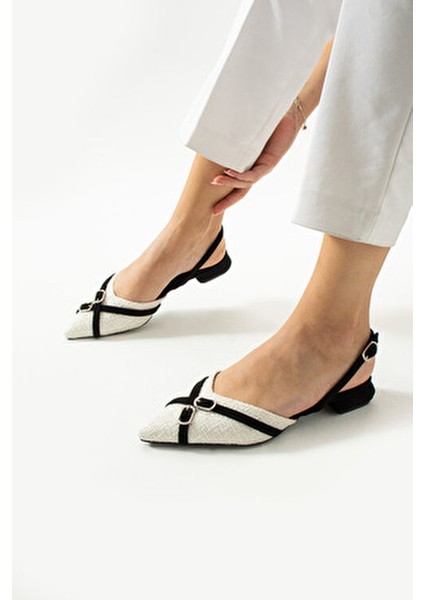 Şıklığın Simgesi Kadın Siyah ve Beyaz Sivri Burunlu Topuklu Babet Ayakkabı fırsatları