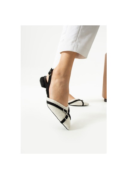 Şıklığın Simgesi Kadın Siyah ve Beyaz Sivri Burunlu Topuklu Babet Ayakkabı indirimleri