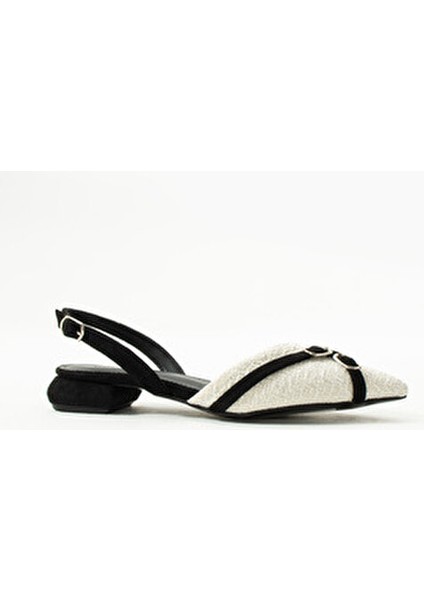 Şıklığın Simgesi Kadın Siyah ve Beyaz Sivri Burunlu Topuklu Babet Ayakkabı