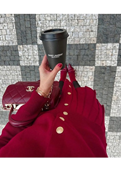 Gold Düğmeli Bordo Triko Hırka Etek Takım Kadınlar İçin Tüm Sezonlar Uygun XS-S Bedene fiyatları