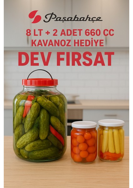 Hatesahome Paşabahçe 8 Lt Cam Kavanoz – Beyaz Metal Kapaklı + 2 Adet 660 cc Hediye Kavanoz”