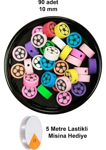 90 Adet 10 mm Polimer Kil Fimo Boncuk Takı Bileklik + 5 Metre Lastikli Misina Hediye - Renkli Çiçek
