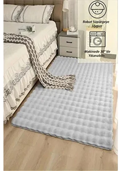 Açık Gri Yumuşak Bubble Kaymaz Özel Taban Peluş Halı Yolluk