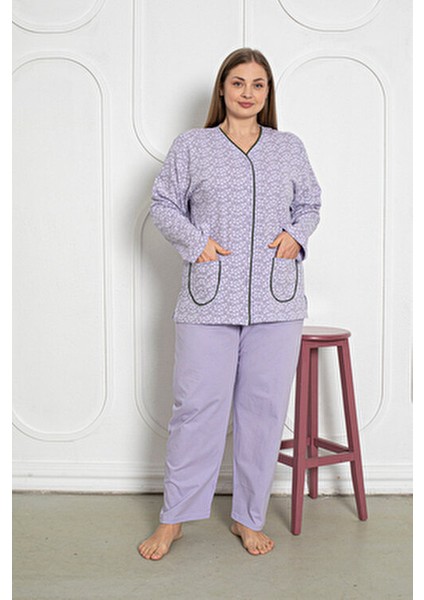 %100 Pamuklu Uzun Kollu Boydan Düğmeli Büyük Beden Kadın Pijama Takımı 206