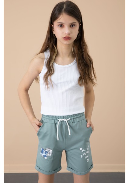 Yeşil Patili Cute Baskılı Kız Çocuk Beli Lastikli Şort 20730