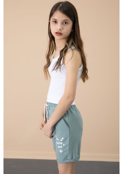 Yeşil Patili Cute Baskılı Kız Çocuk Beli Lastikli Şort 20730 fiyatları