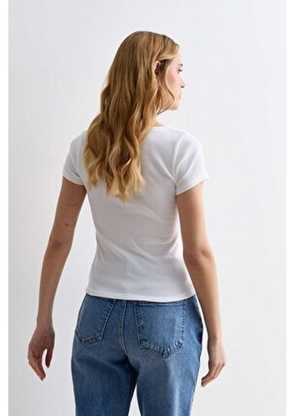 Kadın Beyaz Kare Yaka T-Shirt & Bluz , Likralı Fitilli Kaşkorse Kumaş fırsatları