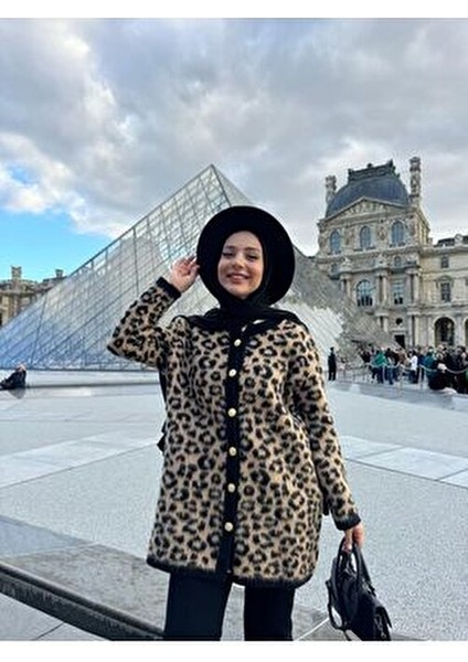Leopar Triko Hırka Kadın Bisiklet Yaka Leopar Desenli Kahverengi Yünlü Hırka