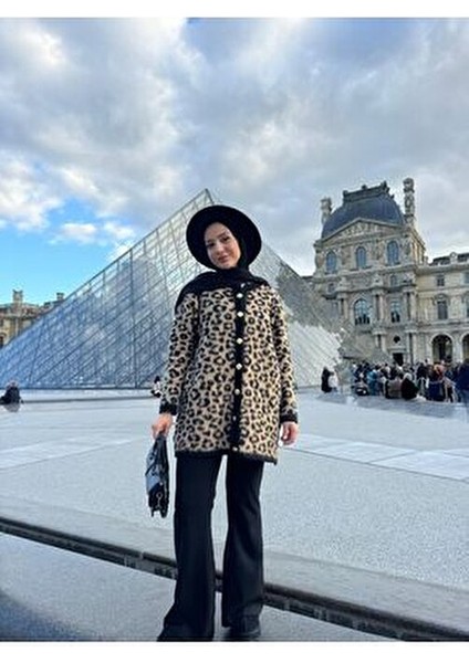 Leopar Triko Hırka Kadın Bisiklet Yaka Leopar Desenli Kahverengi Yünlü Hırka indirimleri