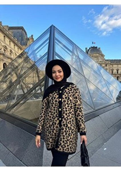 Leopar Triko Hırka Kadın Bisiklet Yaka Leopar Desenli Kahverengi Yünlü Hırka