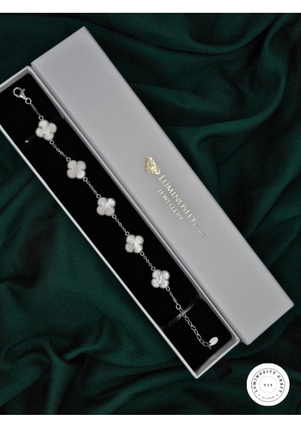 925 Ayar Gümüş Erkek ve Kadın Yonca Model Beyaz Doğal Taşlı Bileklik - Van indirimleri