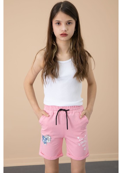 Pembe Patili Cute Baskılı Kız Çocuk Beli Lastikli Şort 20759