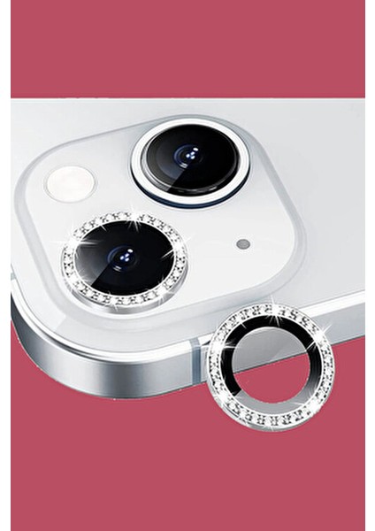Apple Iphone 14 Uyumlu Taşlı Kamera Lensi Koruyucu Mercek Lens Gümüş