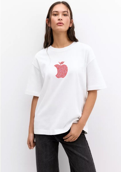 -Kadın Stras Apple Taş Baskılı Kısa Kollu Tshırt Pamuklu Oversize