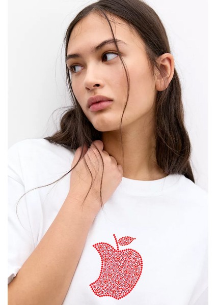 -Kadın Stras Apple Taş Baskılı Kısa Kollu Tshırt Pamuklu Oversize fiyatları