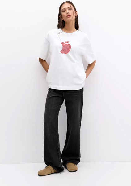 -Kadın Stras Apple Taş Baskılı Kısa Kollu Tshırt Pamuklu Oversize modelleri