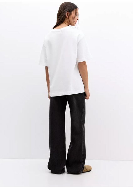 -Kadın Stras Apple Taş Baskılı Kısa Kollu Tshırt Pamuklu Oversize fırsatları