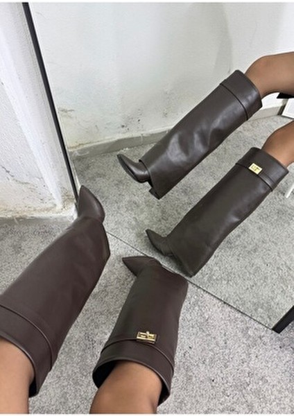 Volante Kadın Topuklu Çizme Suni Deri Orta Topuklu Günlük Kullanım İçin Uygun