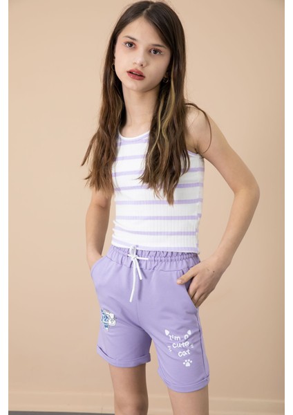 Lila Patili Cute Baskılı Kız Çocuk Beli Lastikli Şort 20733