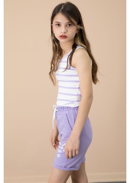 Lila Patili Cute Baskılı Kız Çocuk Beli Lastikli Şort 20733 fiyatları