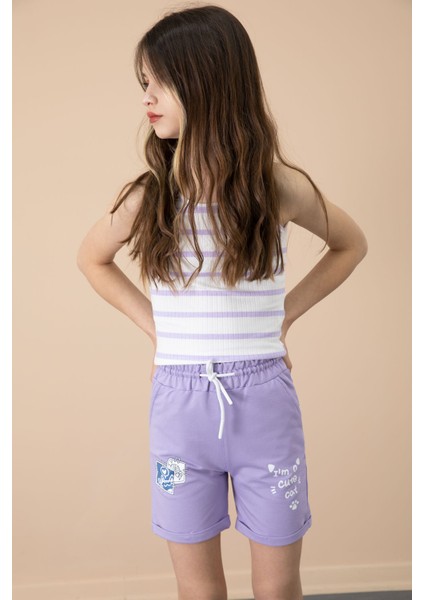 Lila Patili Cute Baskılı Kız Çocuk Beli Lastikli Şort 20733 modelleri