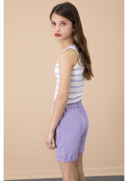 Lila Patili Cute Baskılı Kız Çocuk Beli Lastikli Şort 20733 fırsatları