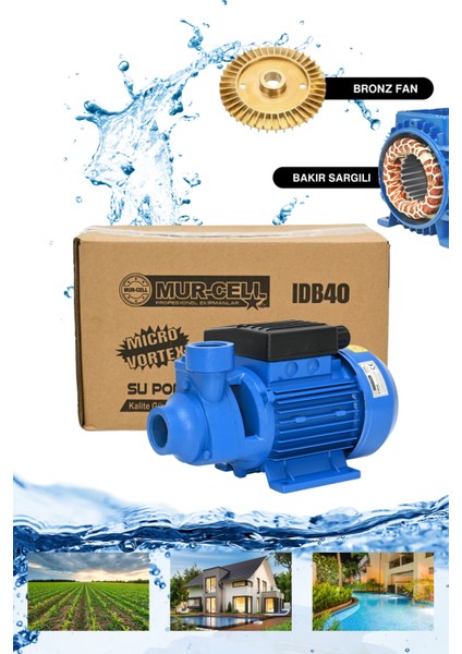 IDB40 Su Pompası Bakır Sargılı Santifirüj Pompa Kendinden Emişli Motor 0.5hp
