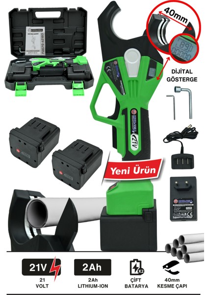 21 V 2 Amper Dijital Göstergeli Şarjlı Boru Kesme Makası 40 mm Çap fiyatları