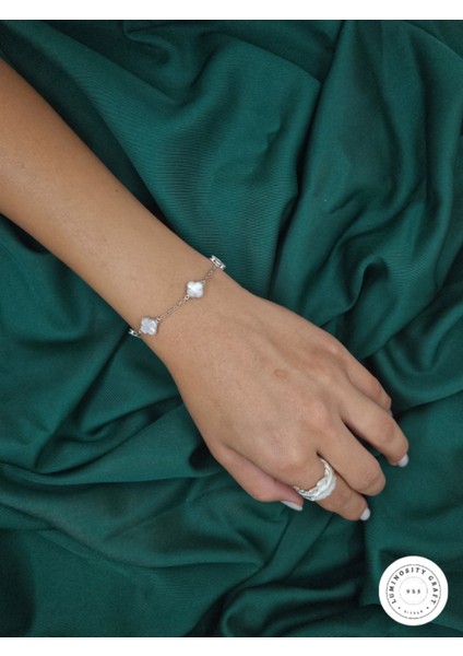 925 Ayar Gümüş Erkek ve Kadın Yonca Model Beyaz Doğal Taşlı Bileklik 9.5mm - Van fiyatları