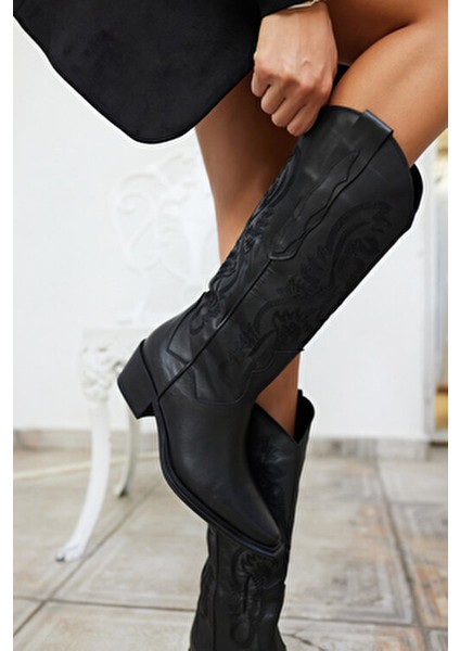 Perisic Kadın Siyah Gercek Deri Western Çizme