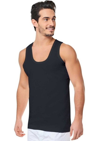 Erkek Ribana Esnek Pamuklu Siyah Atlet TER0102 6'lı Paket + Penye Düz Boxer Gri Külot TER0117 6'lı Paket