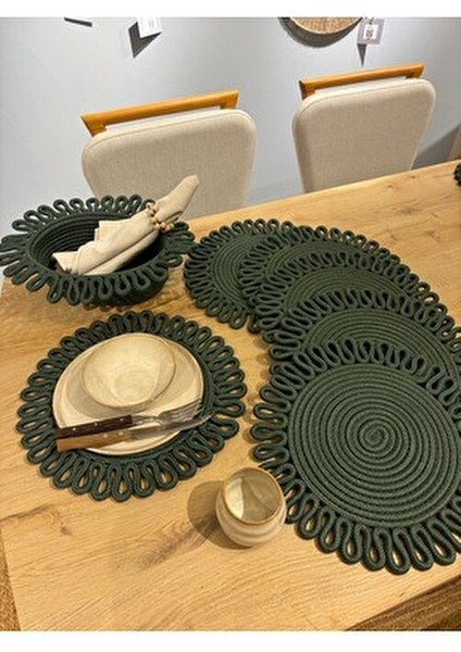 Yeşil Galaxy Modern Jüt Supla Yuvarlak 7'li Set Sofra Şıklığı İçin Tasarlandı