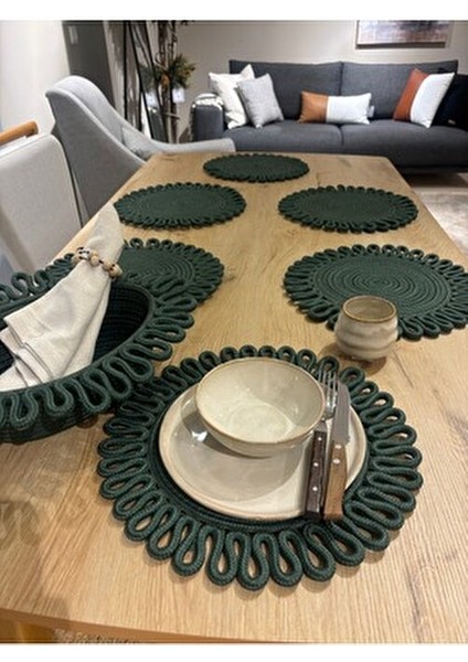 Yeşil Galaxy Modern Jüt Supla Yuvarlak 7'li Set Sofra Şıklığı İçin Tasarlandı