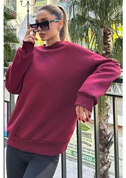 Bordo Bisiklet Yaka Basic Sweatshirt MG1559 indirimleri