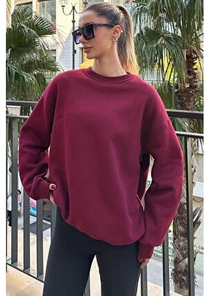 Bordo Bisiklet Yaka Basic Sweatshirt MG1559